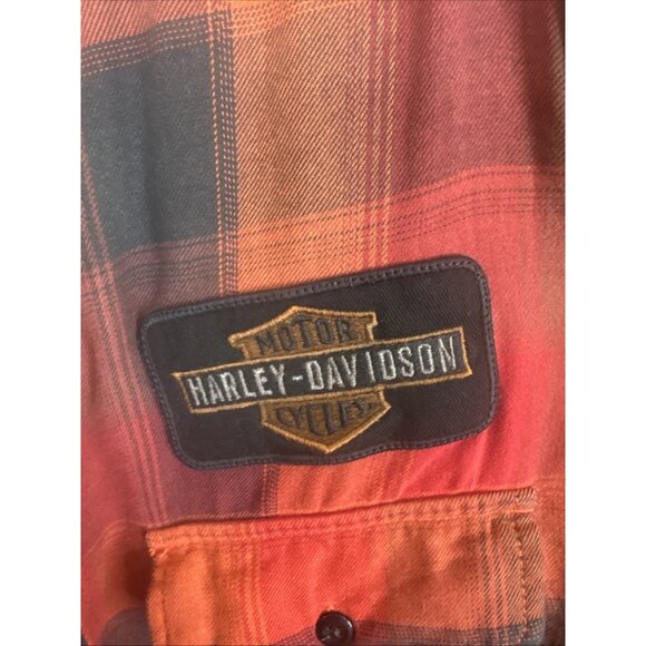 Harley-Davidson Plaid Flannel Shirt Men Large Orange Black Patch Spell Out - Picture 3 of 7